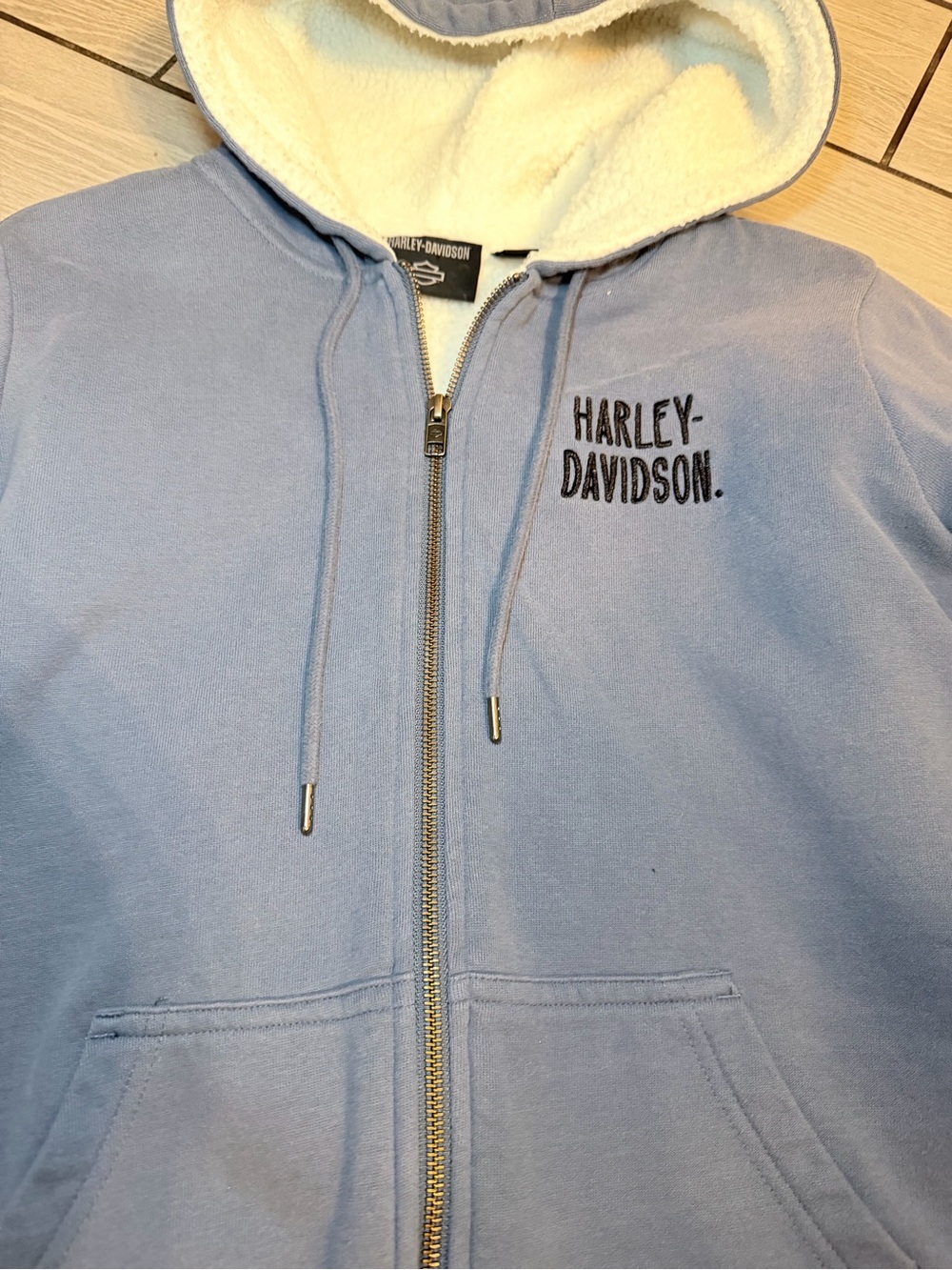 Harley-Davidson Women’s Sherpa-Lined Zip Hoodie Blue Embroidered Wings Full Zip - Picture 7 of 13